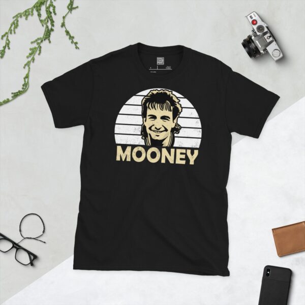 A black Brian Mooney T-shirt featuring a white sunburst design with "MOONEY" written under the main graphic.