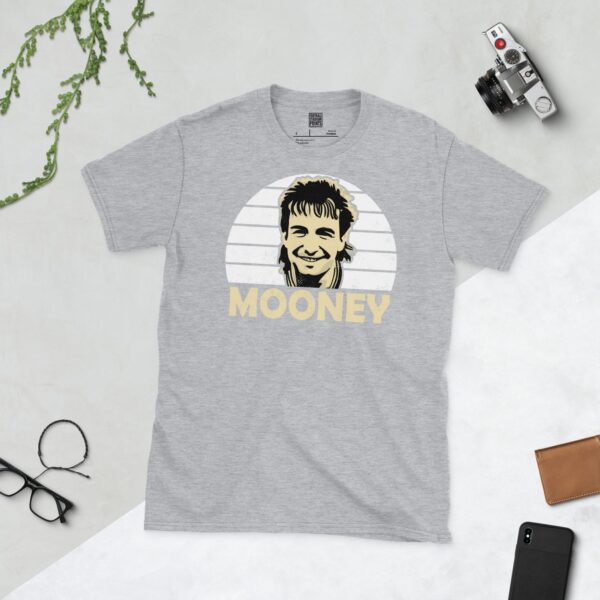 A sports grey Brian Mooney T-shirt featuring a white sunburst design with "MOONEY" written under the main graphic.