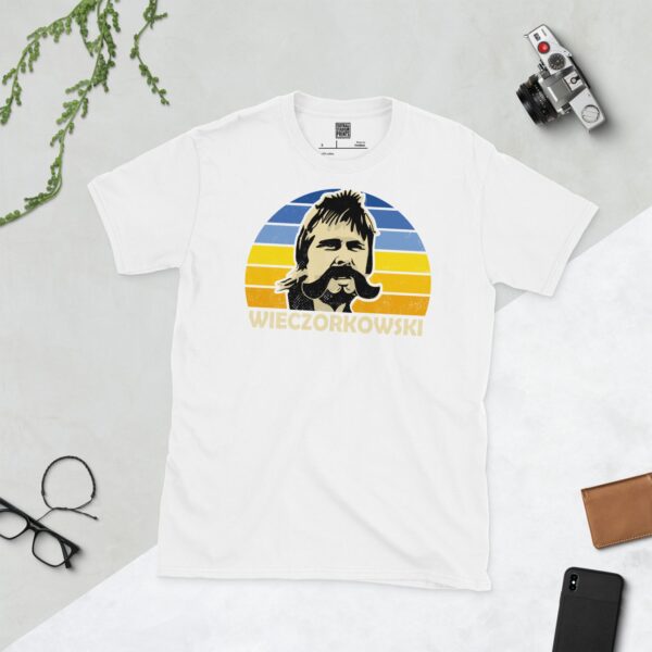 Show your San Diego Sockers pride in this white Gert Wieczorkowski T-shirt. It features a blue and yellow sunburst design with "WIECZORKOWSKI" written under the main graphic.