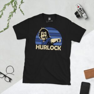A black Terry Hurlock T-shirt featuring a blue sunburst design with "HURLOCK" written under the main graphic.