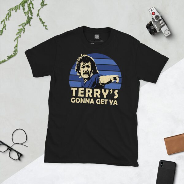 A black Terry Hurlock T-shirt featuring a blue sunburst design and the phrase "TERRY'S GONNA GET YA" under the main graphic.