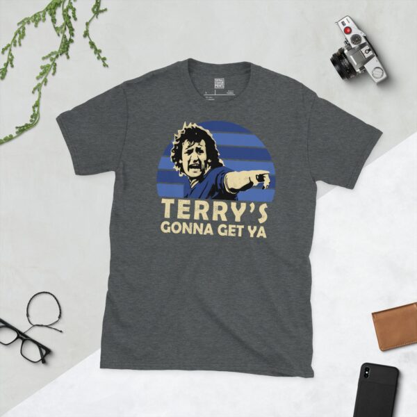 A dark heather Terry Hurlock T-shirt featuring a blue sunburst design and the phrase "TERRY'S GONNA GET YA" under the main graphic.