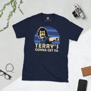 Celebrate Millwall legend Terry Hurlock with this navy blue tee. It features a striking blue sunburst design and the phrase "TERRY'S GONNA GET YA" under the main graphic.