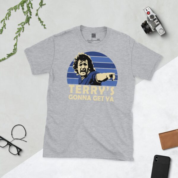 A sports grey Terry Hurlock T-shirt featuring a blue sunburst design and the phrase "TERRY'S GONNA GET YA" under the main graphic.