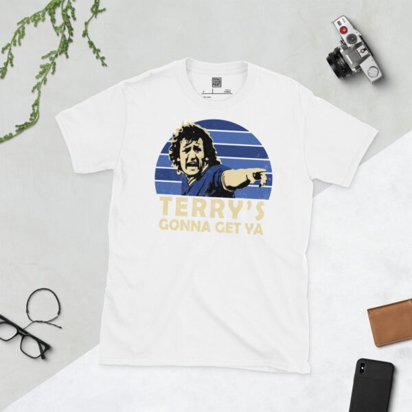 Show your Millwall pride in this white Terry Hurlock T-shirt. It features a blue sunburst design and the phrase "TERRY'S GONNA GET YA" under the main graphic.