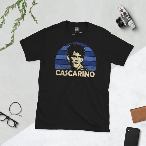 A black Tony Cascarino T-shirt featuring a blue sunburst design with "CASCARINO" written under the main graphic.