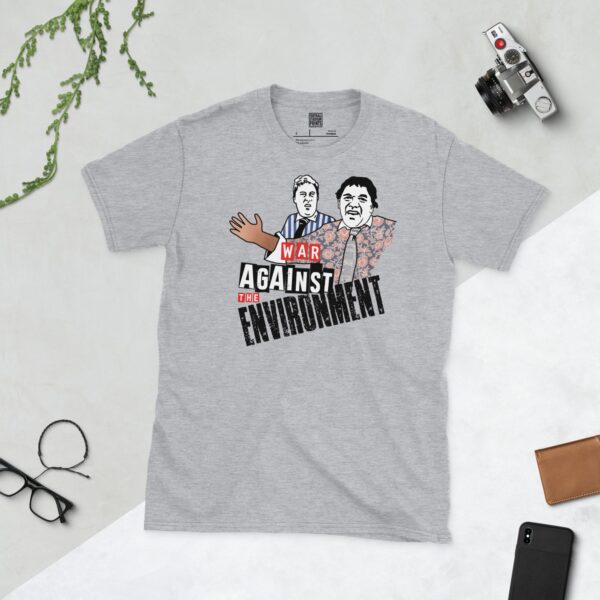 A sports grey t-shirt featuring a graphic of Vic Reeves and Bob Mortimer as their "Free Runners" characters, with the slogan "WAR AGAINST THE ENVIRONMENT" in bold black text.