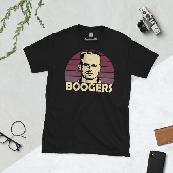A black Marco Boogers T-shirt featuring a claret sunburst design with "BOOGERS" written under the main graphic.