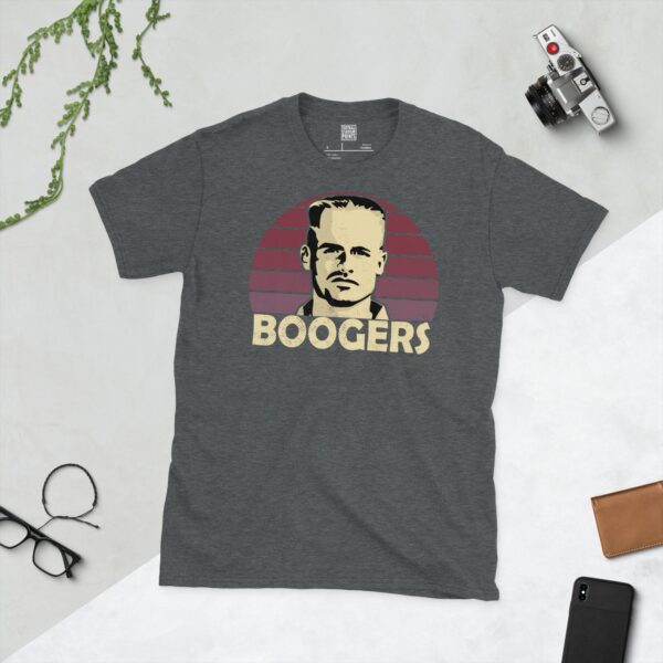 A dark heather Marco Boogers T-shirt featuring a claret sunburst design with "BOOGERS" written under the main graphic.