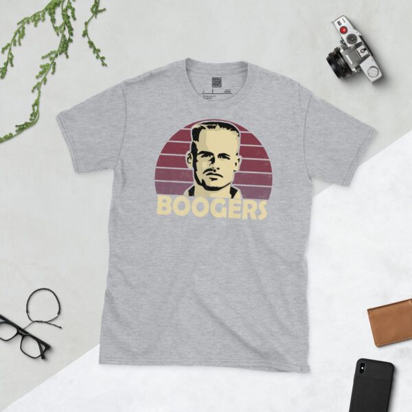 A sports grey Marco Boogers T-shirt featuring a claret sunburst design with "BOOGERS" written under the main graphic.