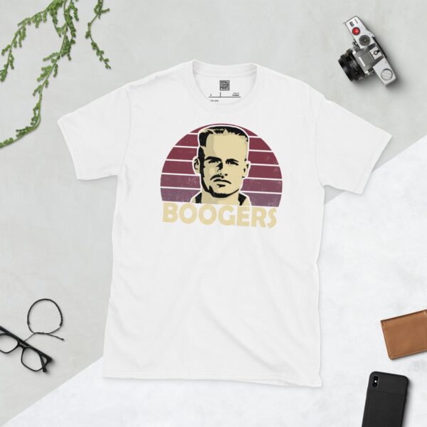 A white Marco Boogers T-shirt featuring a claret sunburst design with "BOOGERS" written under the main graphic.