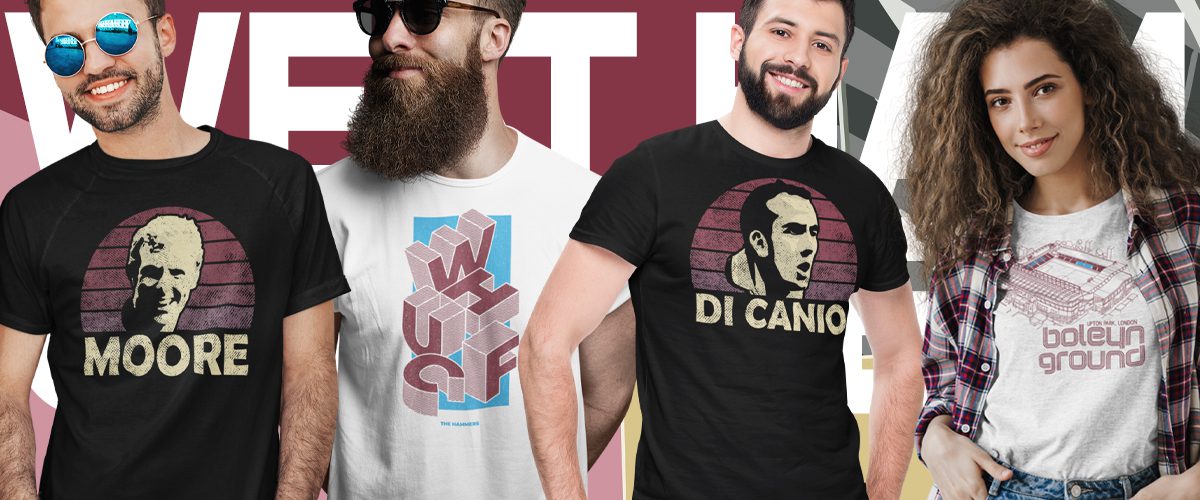 Four people wearing different West Ham United T-Shirts. Bobby Moore, WHUFC, Paulo Dicanio and the Boleyn Ground.