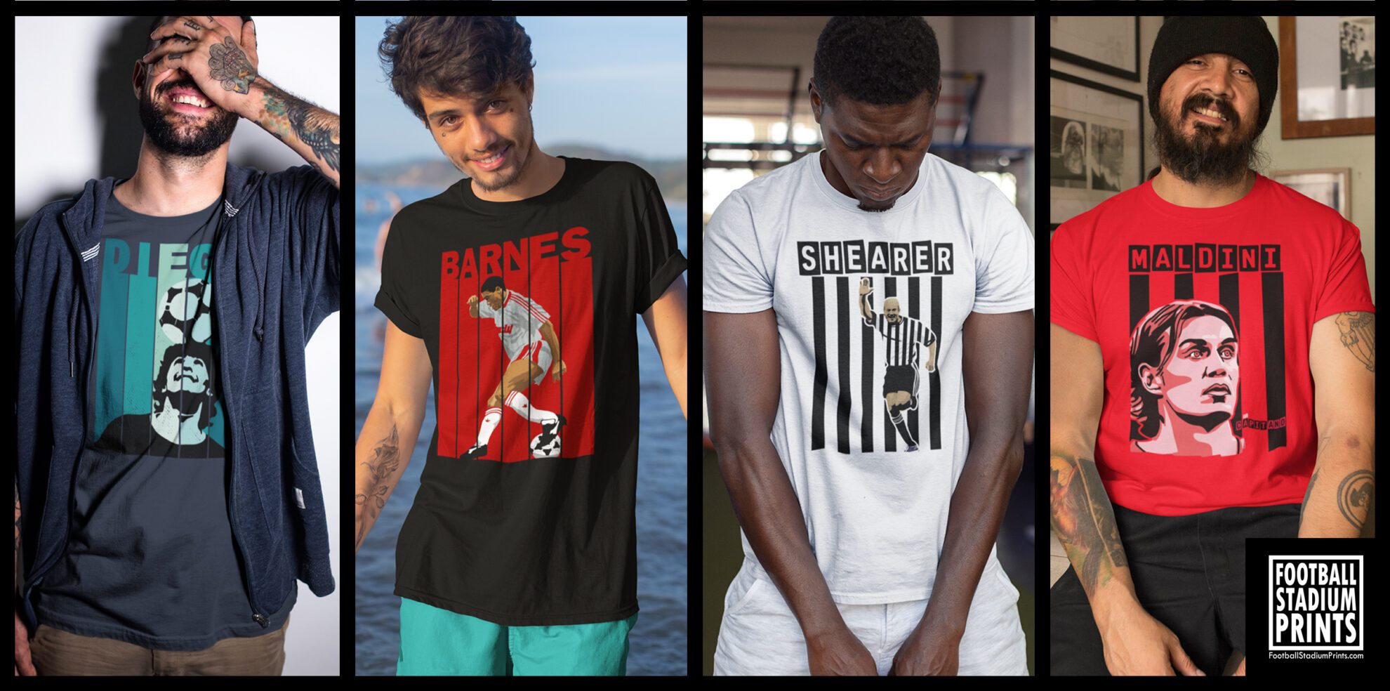 4 men wearing t-shirts of football legends John Barnes, Alan Shearer, Paulo Maldini and Diego Maradona