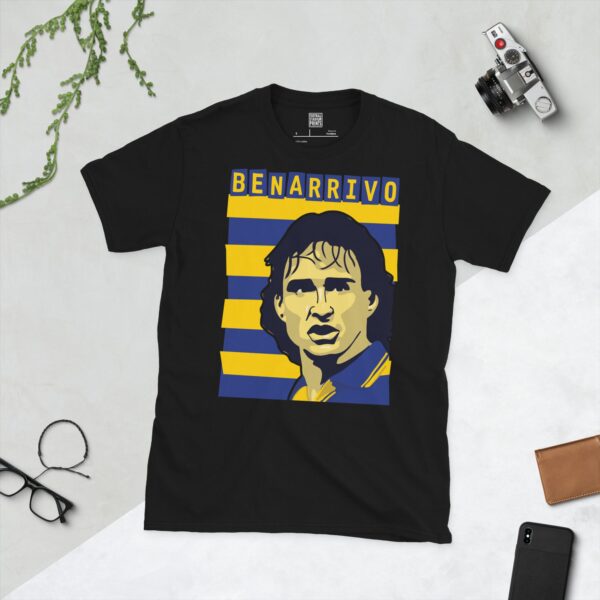 A bold black T-shirt emblazoned with a striking portrait of Parma icon Antonio Benarrivo. The graphic depicts his face against a backdrop of blue and yellow stripes, and his surname "BENARRIVO" is a central feature above the image.