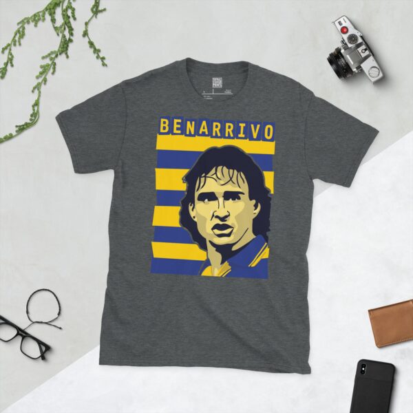 A subtle dark heather T-shirt displaying a distinctive graphic of former Parma maestro Antonio Benarrivo. His portrait is captured against a retro blue and yellow striped backdrop, with his surname "BENARRIVO" directly above the illustration.