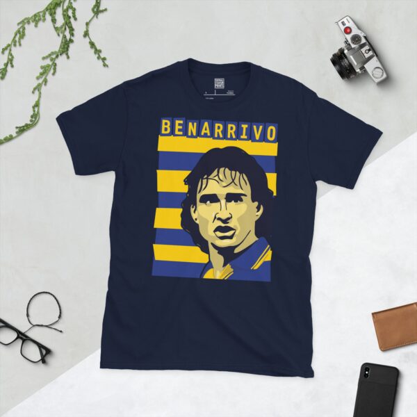 A deep navy blue T-shirt featuring a compelling graphic of Antonio Benarrivo, the legendary Parma defender, with his image set against a vivid blue and yellow striped design. His iconic surname "BENARRIVO" is clearly visible, paying tribute to his time at the club.