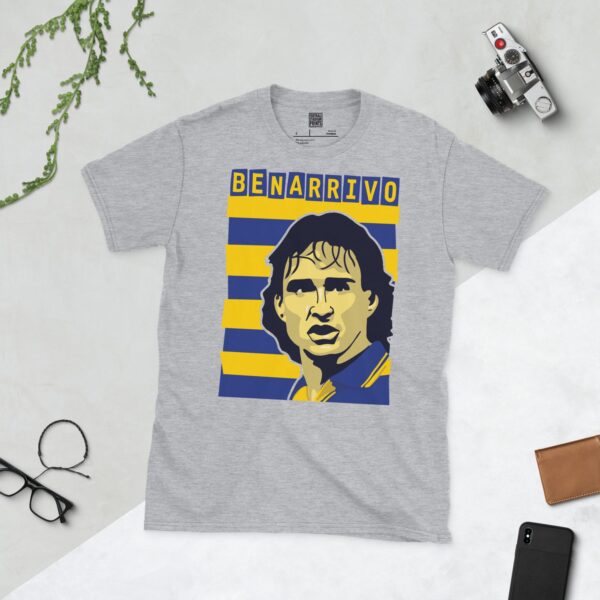 A versatile sports grey T-shirt showcasing a dynamic illustration of Antonio Benarrivo, the beloved Parma defender. The design includes his portrait over a bold blue and yellow striped pattern, with "BENARRIVO" clearly visible above.