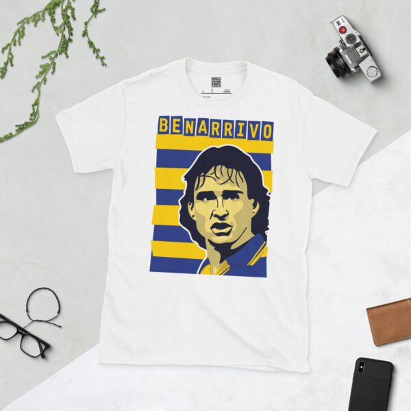 A clean white T-shirt featuring a stylised graphic of Parma legend Antonio Benarrivo, set against a background of blue and yellow horizontal stripes. His surname "BENARRIVO" is prominently displayed above the portrait.
