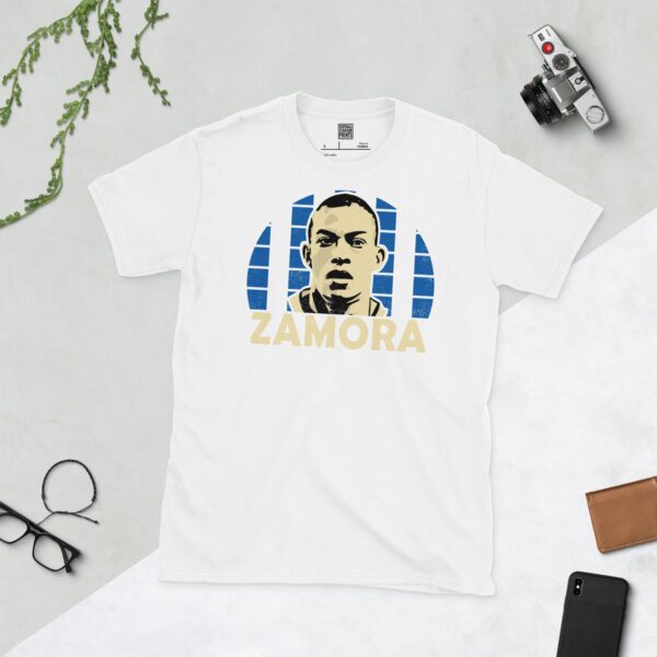 A clean white T-shirt featuring a stylized graphic of Brighton & Hove Albion legend Bobby Zamora's face. Behind him is a vibrant blue and white striped background, with his surname "ZAMORA" prominently displayed below the portrait.