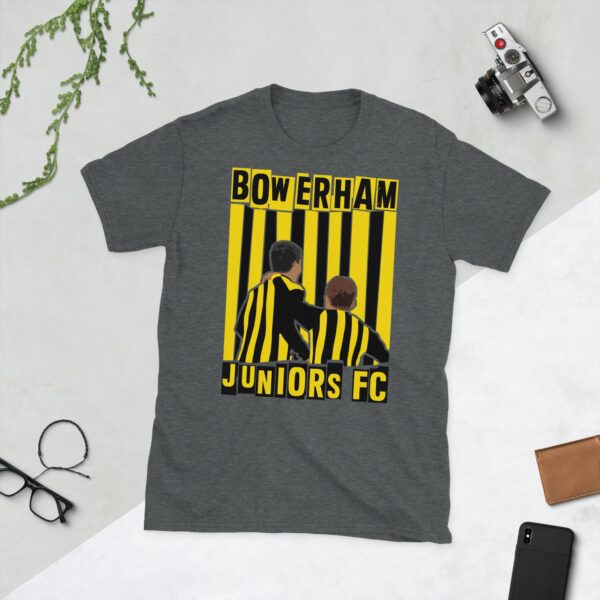 A subtle dark heather T-shirt displaying a distinctive graphic of two boys in black and yellow stripes on the front. The back features a small logo of a bee and a castle.
