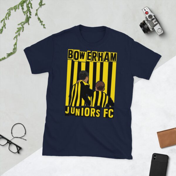 A deep navy blue T-shirt featuring a compelling graphic of two boys in black and yellow stripes on the front. The back displays a small logo of a bee and a castle.