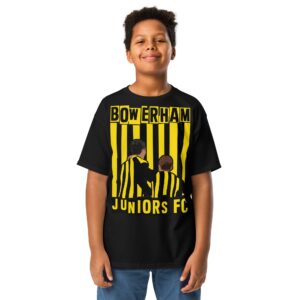 A bold black youth T-shirt emblazoned with a striking graphic of two boys in black and yellow stripes on the front for Bowerham Juniors FC.