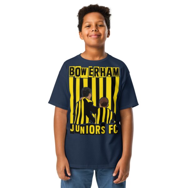 A deep navy blue youth T-shirt featuring a compelling graphic of two boys in black and yellow stripes on the front for Bowerham Juniors FC.