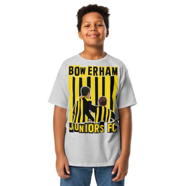 A versatile sports grey youth T-shirt showcasing a dynamic illustration of two boys in black and yellow stripes on the front for Bowerham Juniors FC.