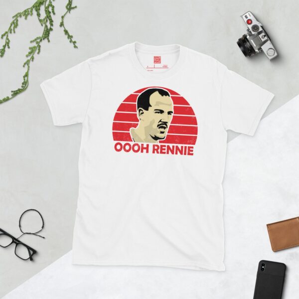 A clean white T-shirt featuring a stylized graphic of Bristol City legend Dave Rennie's face, set against a vibrant red sunburst background. The popular fan chant "OOOH RENNIE" is prominently displayed below the portrait.