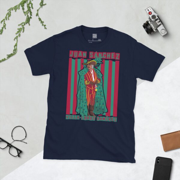 A deep navy blue T-shirt featuring a compelling graphic of Sean Connery as Juan Sanchez Villa-Lobos Ramírez, the legendary immortal from Highlander. His image is set against a vivid red and green striped design with his name visible, paying tribute to the film.