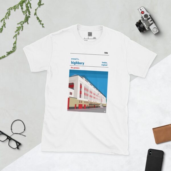 A white t-shirt of the old East Stand of Arsenal FC's former home of Highbury