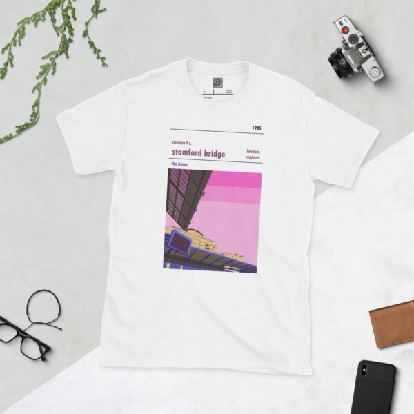 A white t-shirt of Chelsea FC's Stamford Bridge