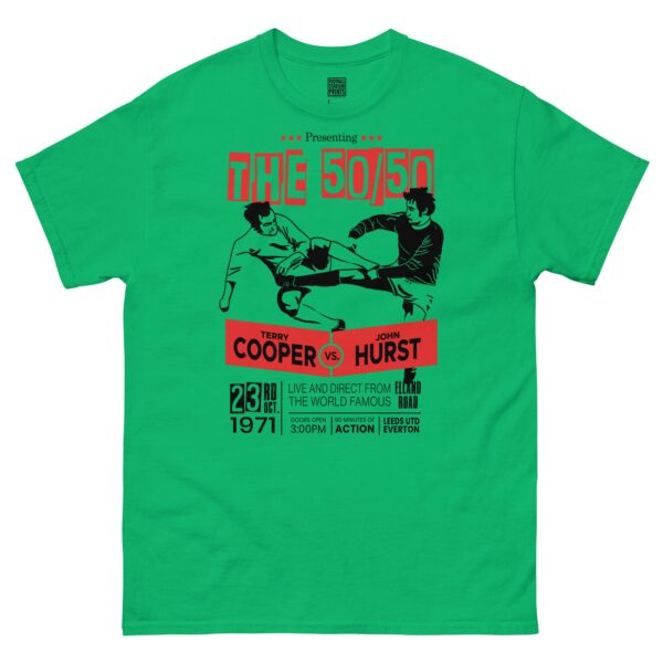 An Irish green T-shirt featuring a boxing-style poster graphic. The design shows two footballers, one in white (Leeds United) and one in blue (Everton), locked in a 50/50 challenge during a match. The text "LEEDS v EVERTON 1971" is printed above the players.