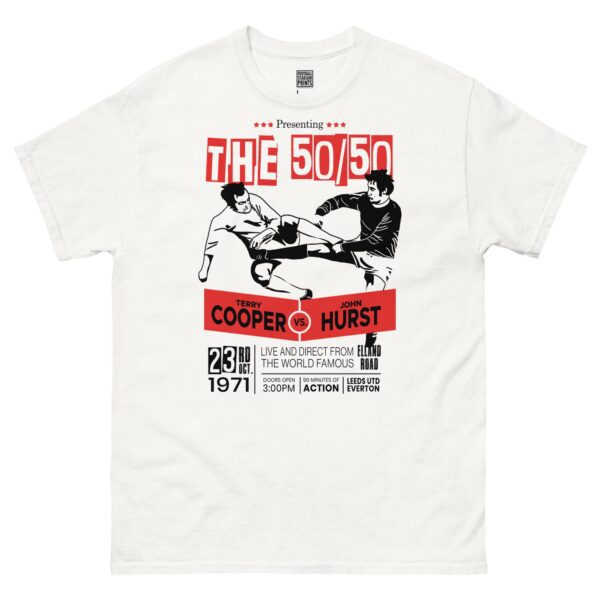 A white T-shirt featuring a boxing-style poster graphic. The design shows two footballers, one in white (Leeds United) and one in blue (Everton), locked in a 50/50 challenge during a match. The text "LEEDS v EVERTON 1971" is printed above the players.