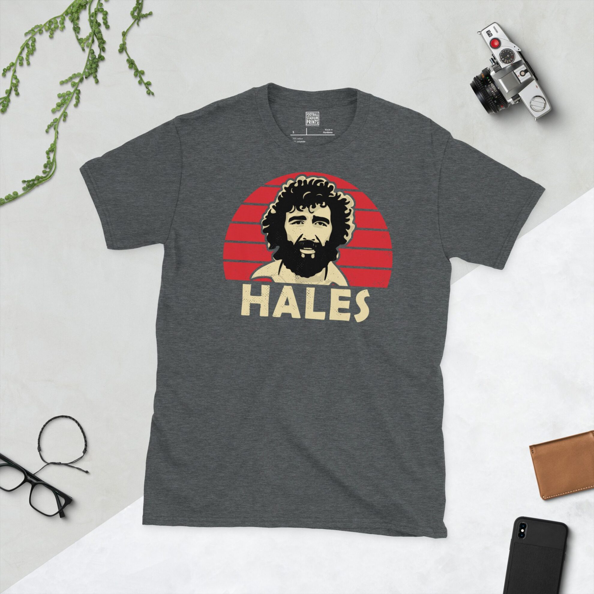 A dark heather T-shirt showing a clean, modern portrait of Derek Hales, the Addicks icon, with "HALES" printed in light yellow below the image on a red sunburst background.