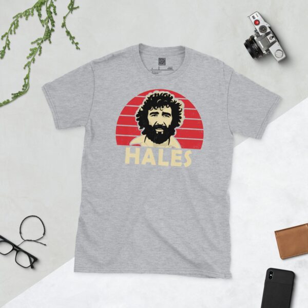 A sports grey T-shirt featuring a unique graphic of Charlton's Derek Hales. The image is backed by a red sunburst and the text "HALES" is printed in light yellow below the portrait.