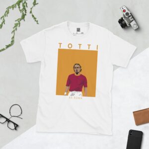 A white T-shirt with a contemporary graphic of Francesco Totti in the Giallorossi colours, with the text "TOTTI" above and "AS ROMA" below the image.