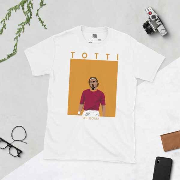 A white T-shirt with a contemporary graphic of Francesco Totti in the Giallorossi colours, with the text "TOTTI" above and "AS ROMA" below the image.