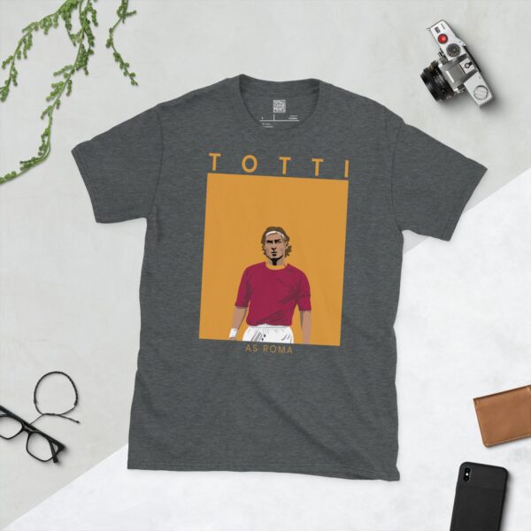 A dark heather T-shirt showing a clean, modern portrait of Francesco Totti in an AS Roma kit, with "TOTTI" above and "AS ROMA" below.