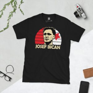 A black T-shirt featuring a stylised, distressed graphic of Slavia Prague legend Josef Bican's portrait, set against a red and white striped sunburst with a red star. The name "JOSEF BICAN" is printed in white below the portrait.