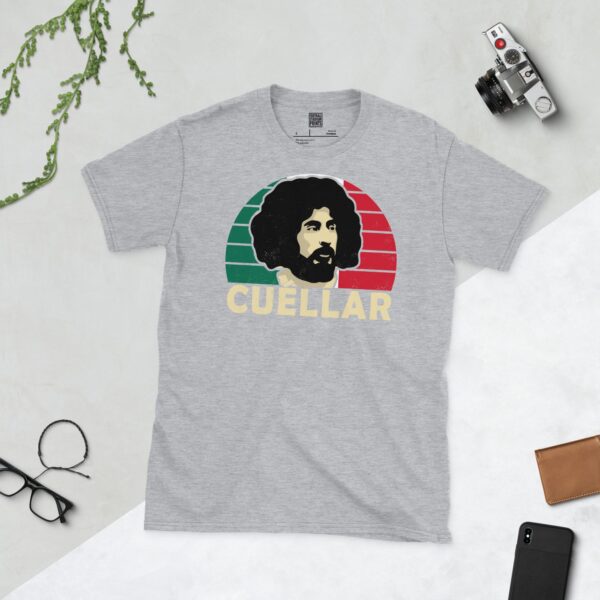 A sports grey T-shirt featuring a unique graphic of Mexico's Leonardo Cuellar. The image is backed by a green, white, and red sunburst and the text "CUELLAR" is printed in light yellow below the portrait.