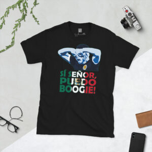 A black T-shirt featuring a graphic of Scotland star John McGinn performing his "specs" celebration. The quote "Si Senor, puedo boogie" is printed on the design, celebrating the World Cup 2026 qualification in Mexico.
