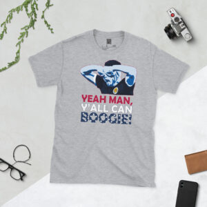 A sports grey T-shirt featuring a unique graphic of John McGinn, with his iconic celebration and the quote "Yeah man, y'all can boogie" celebrating the World Cup 2026.