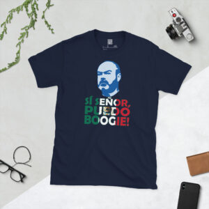 A navy T-shirt displaying an artistic illustration of Steve Clarke, the Scotland manager, with the text "Si Senor, puedo boogie" referencing the World Cup in Mexico.