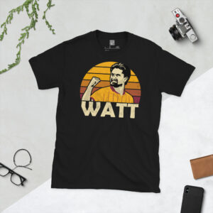 A black T-shirt featuring a stylised, distressed graphic of Motherwell midfielder Elliot Watt. The portrait is backed by a claret and amber striped sunburst, with the name "WATT" printed in white below.