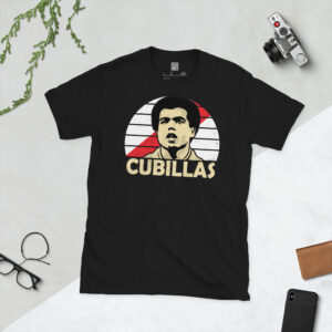 A black T-shirt featuring a stylised, distressed graphic of Peru legend Teófilo Cubillas. The portrait is backed by a white sunburst with a red sash, with the name "CUBILLAS" printed in light yellow below.