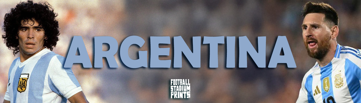 A wide banner for the Argentina football category featuring the word 'Selección' alongside iconic Argentine football imagery and the Football Stadium Prints logo.