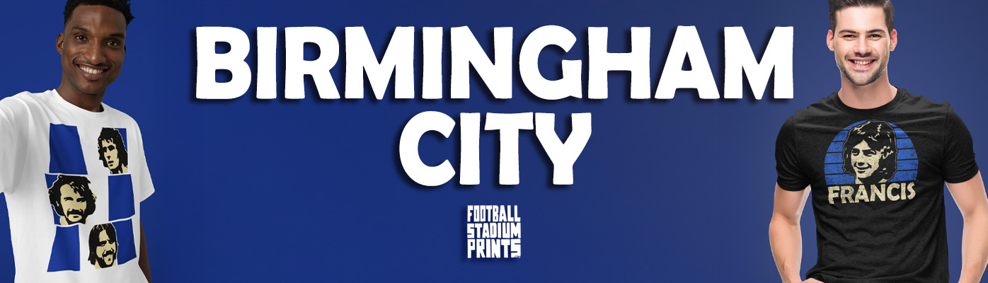 Birmingham City FC fan apparel banner featuring unique "Holy Trinity" and "Trevor Francis" legend t-shirts against a blue background.