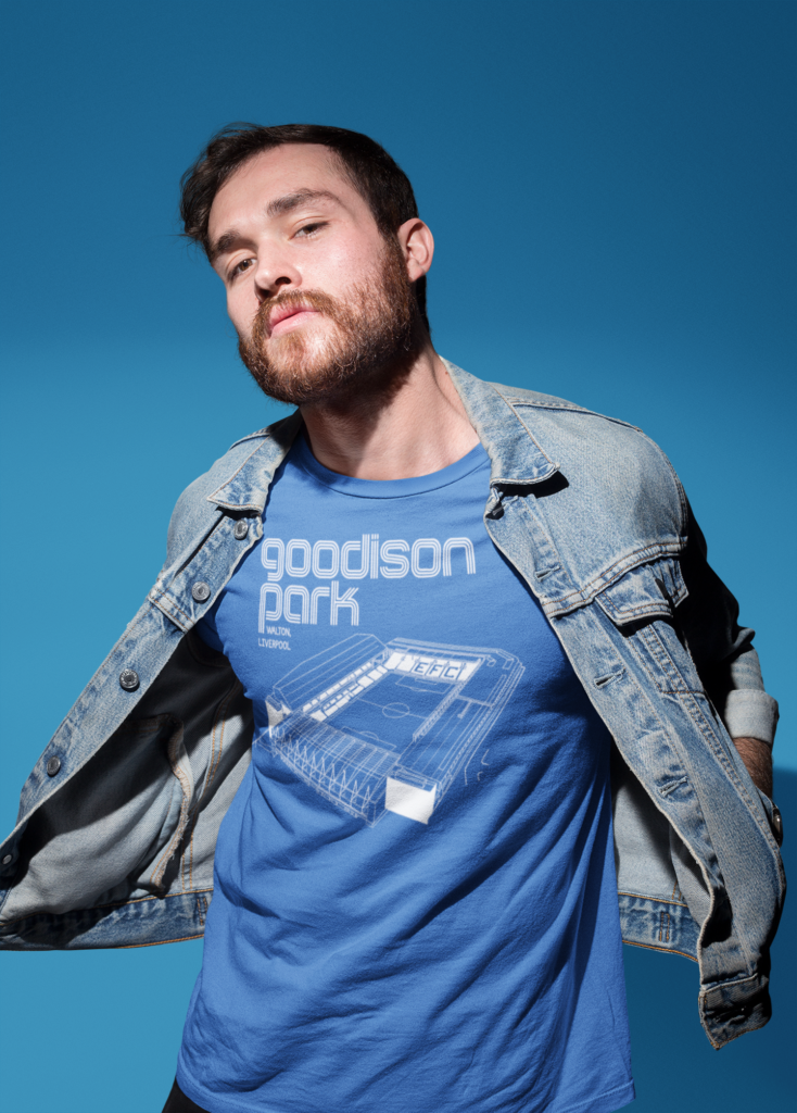Royal blue t-shirt with a detailed graphic of the Goodison Park stadium.