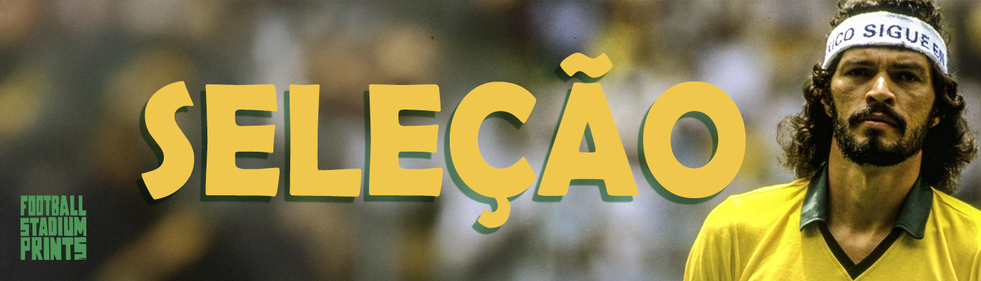Football Stadium Prints banner for the Brazilian player t-shirt category, featuring "SELEÇÃO" text and a photograph of the iconic player Socrates.